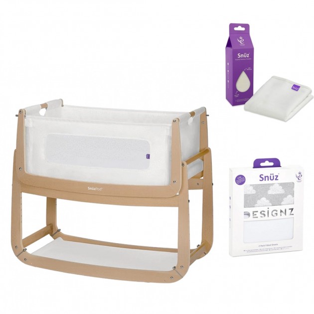 SnuzPod4 Co Bedside Bassinet  with  BONUS Mattress Protector & Bedding Set